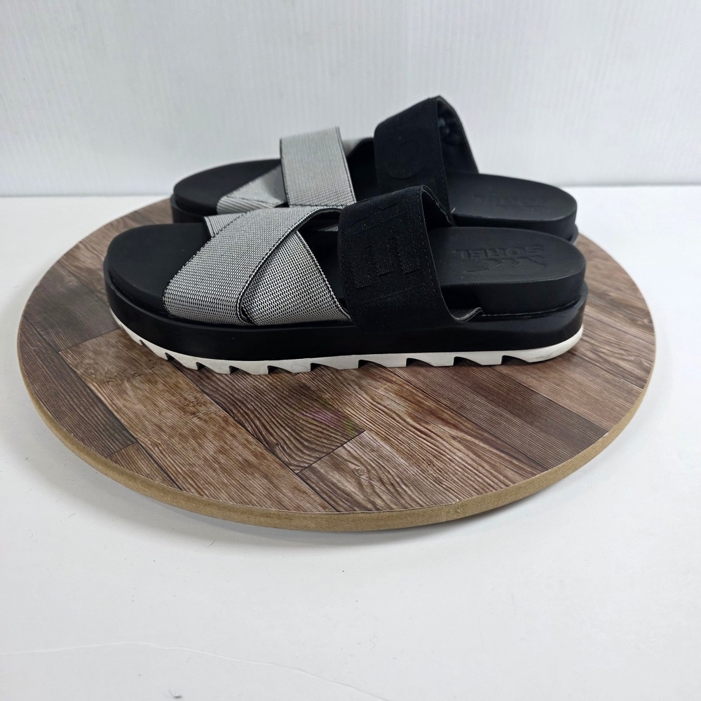 Sorel Roaming Sport Slide Sandals Womens 7 Black White Crisscross Elastic Strap - Picture 4 of 8